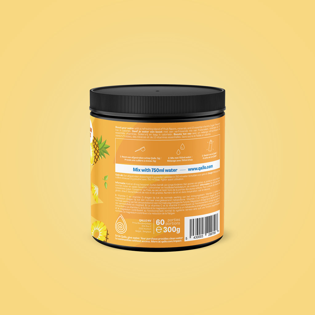 Qallo Vitamins Pineapple tub, side with usage instructions