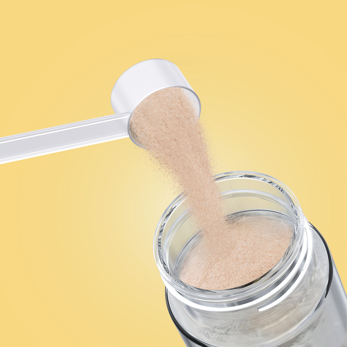 Scoop of Qallo Vitamins Pineapple powder poured into a bottle