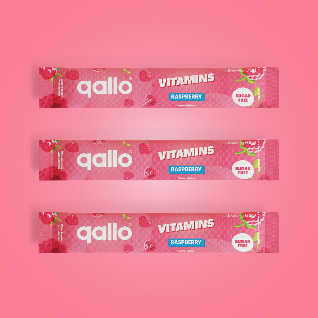 Qallo Vitamins Raspberry sachets, three sachets
