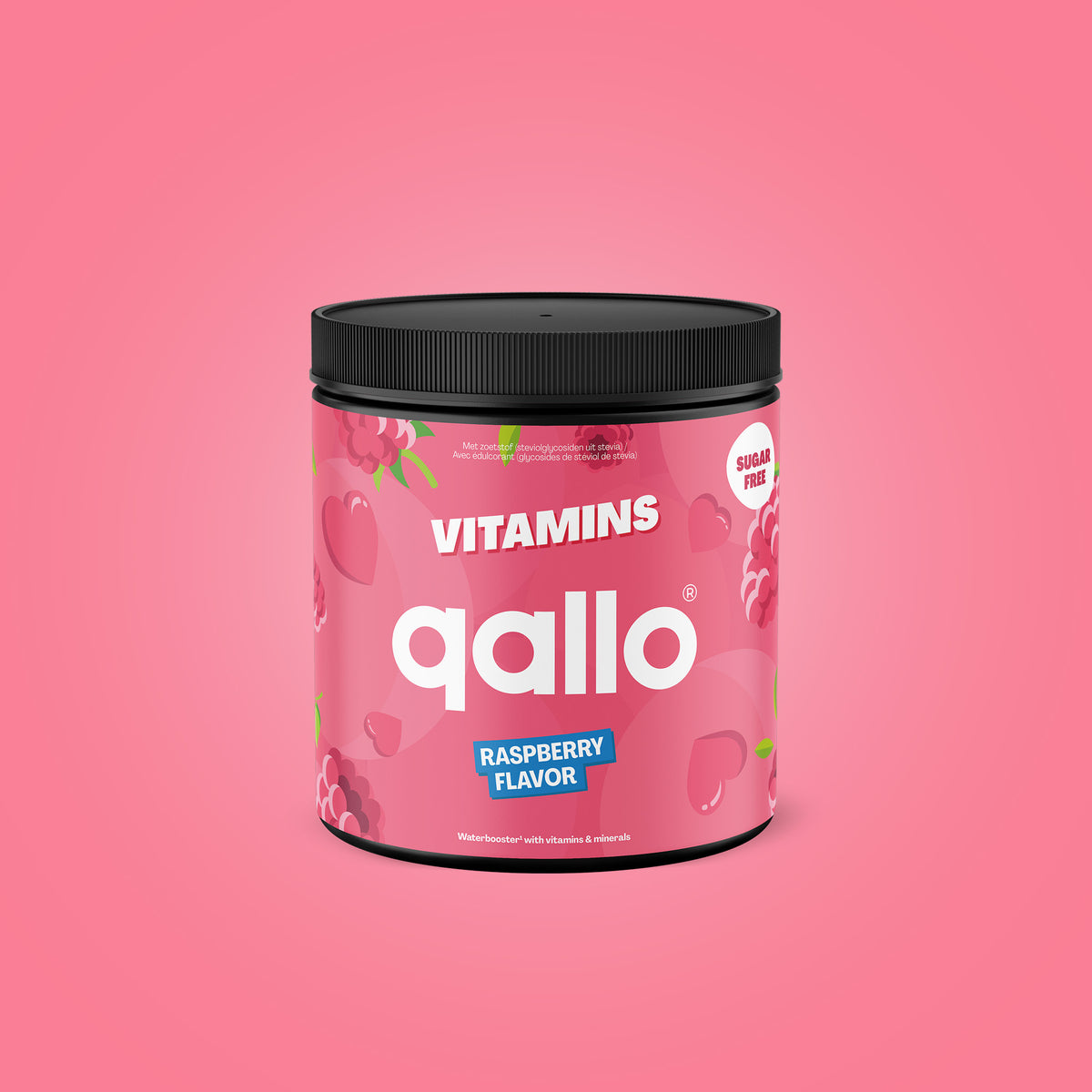 Qallo Vitamins Raspberry tub, 60 portions, front