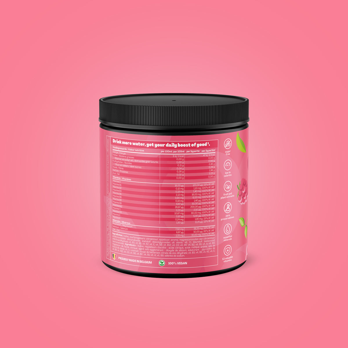 Qallo Vitamins Raspberry tub, back with nutrition information