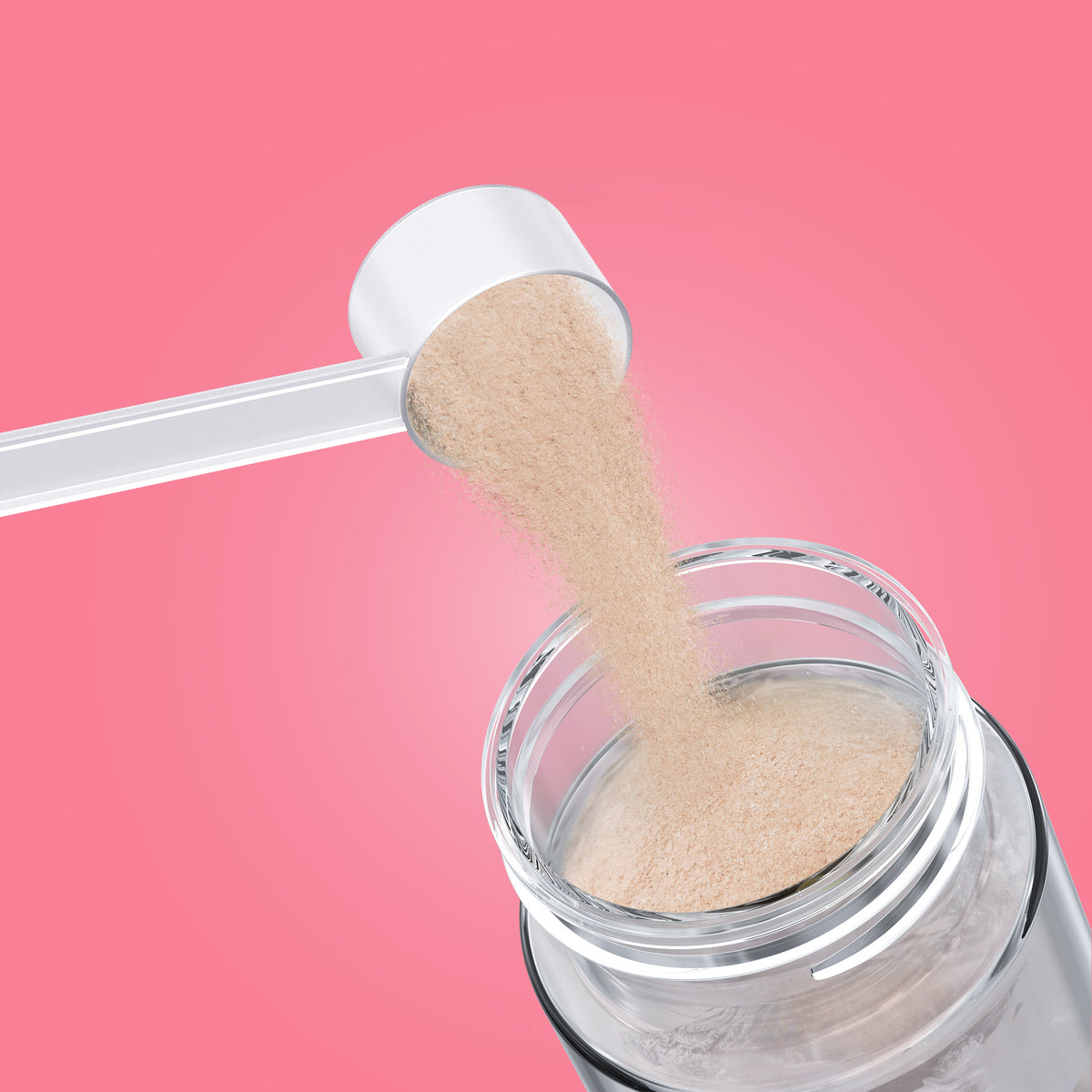 Qallo Vitamins Raspberry tub: scoop of powder poured into a bottle
